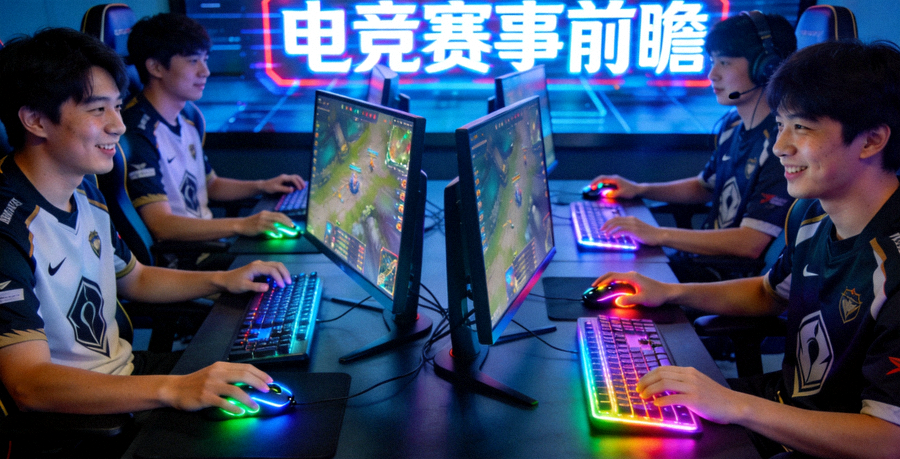电竞赛事前瞻现场，两支战队选手在比赛席位上准备开局