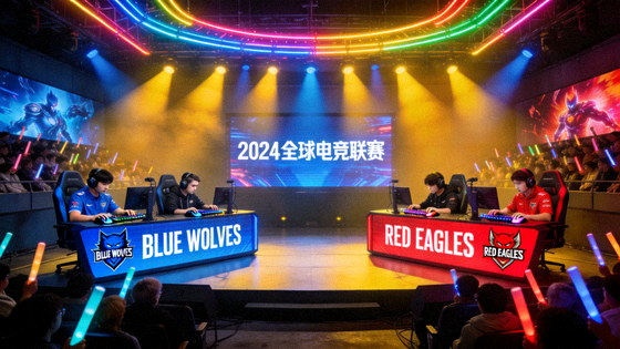 电竞赛事舞台现场,两支战队正在进行比赛对局