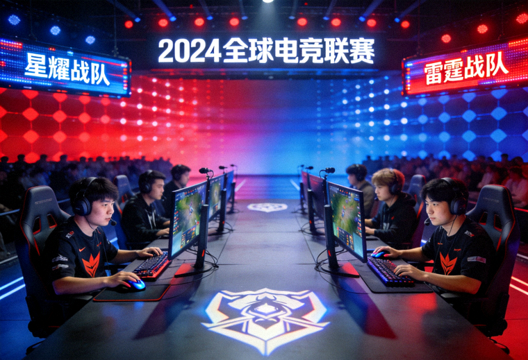 电竞赛事舞台现场，两支战队正在进行小组赛对局